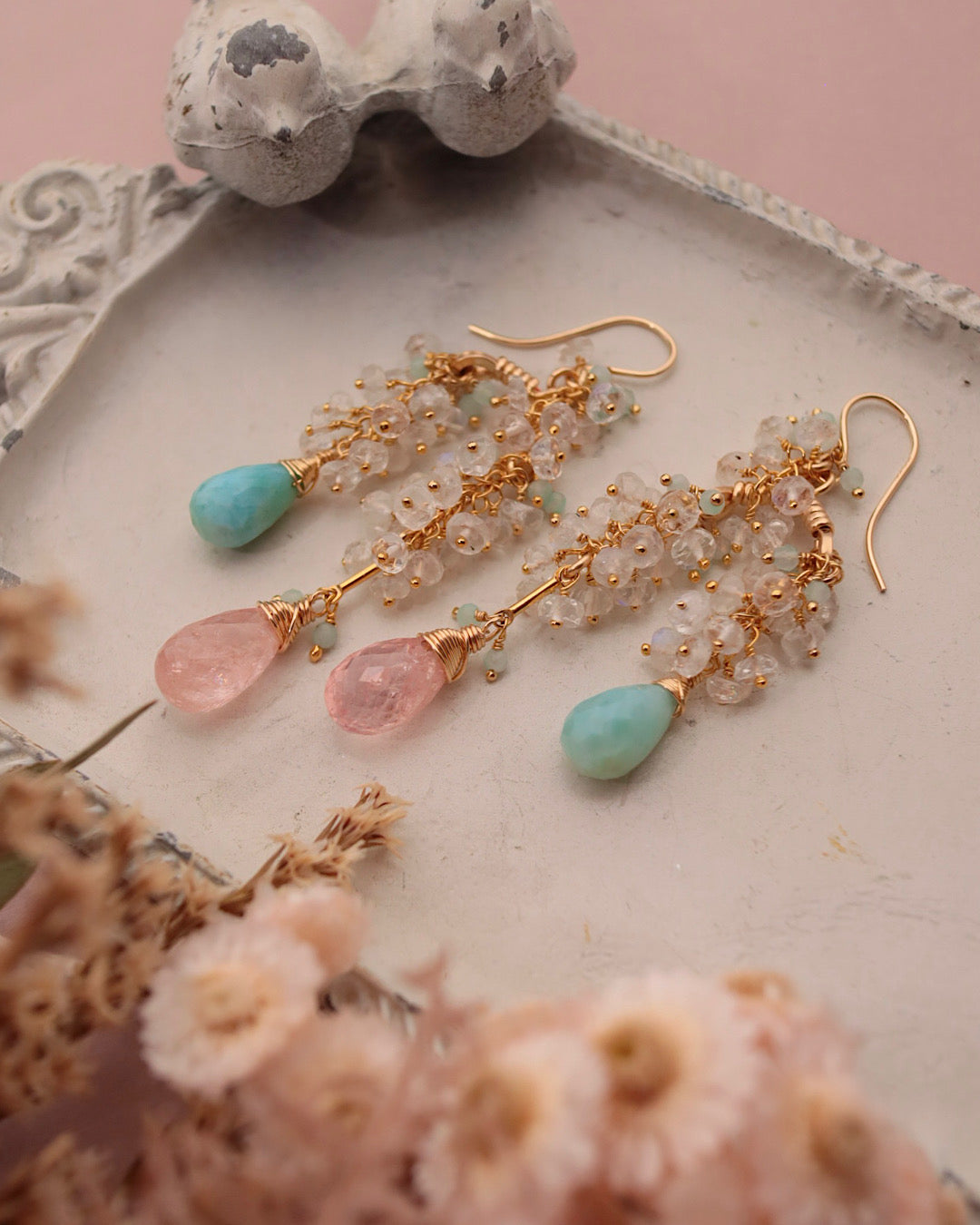[One-of-a-kind] Morganite and Larimar Long Drop Earrings