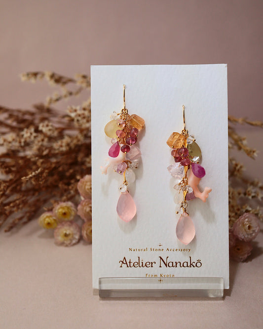 Coral and pink stone long earrings