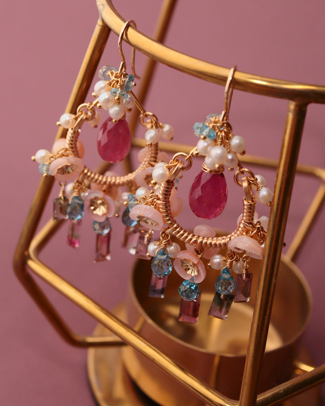 Pink sapphire and bicolor tourmaline chandelier earrings