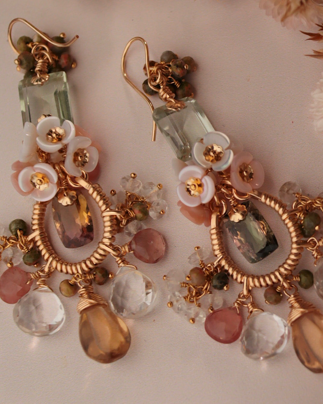 [One-of-a-kind] Bicolor Tourmaline and Champagne Quartz Chandelier Earrings
