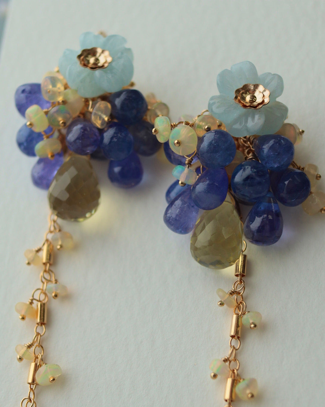 【Aqua Bloom】Aquamarine flower and tanzanite earrings