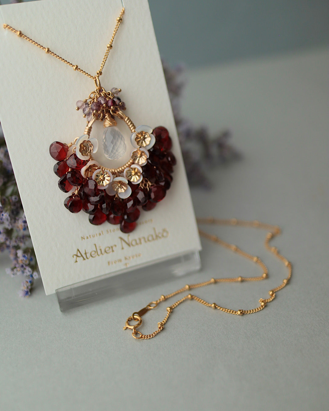 [One-of-a-kind] Garnet and Ice Quartz Chandelier Necklace