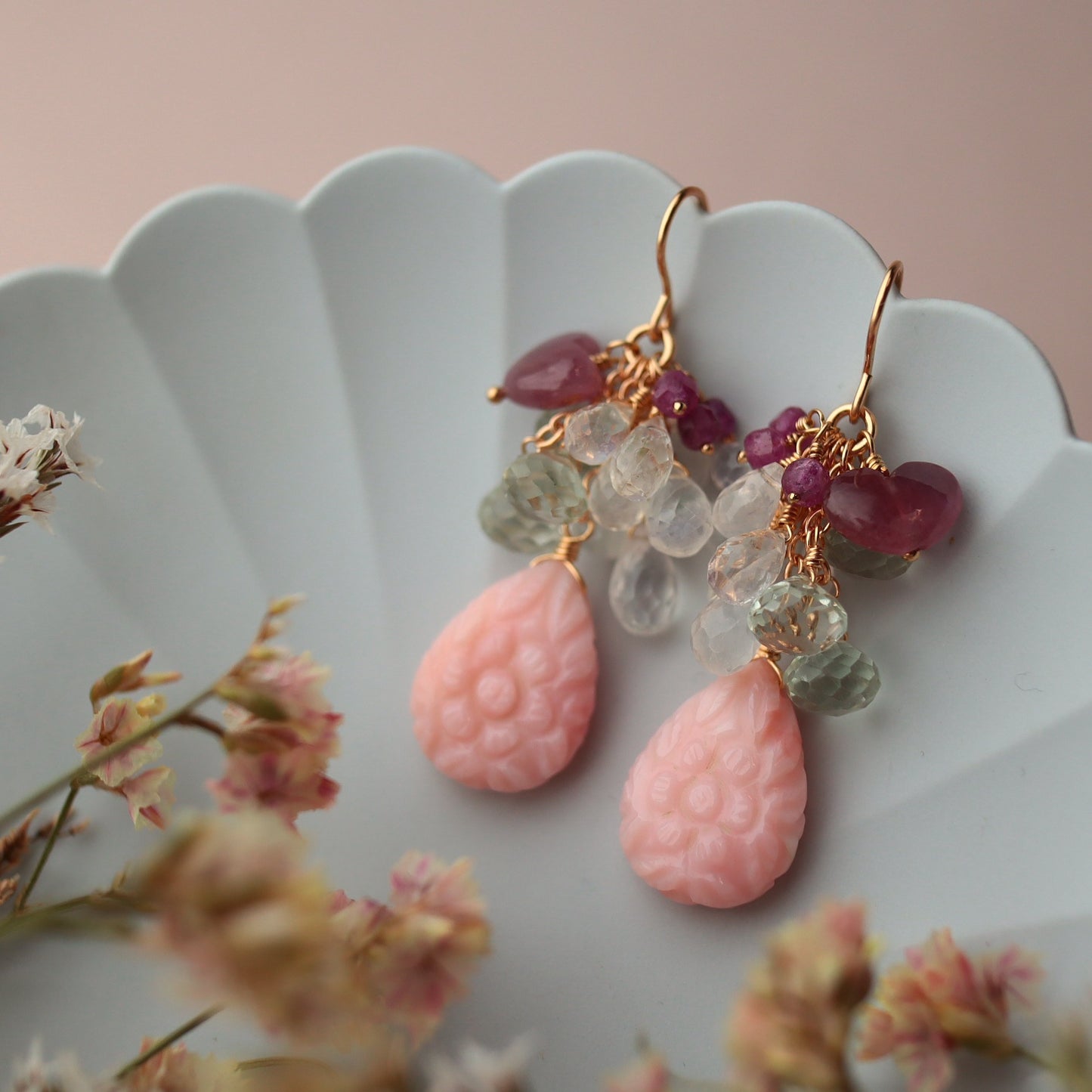 Pink opal and heart-shaped pink sapphire earrings