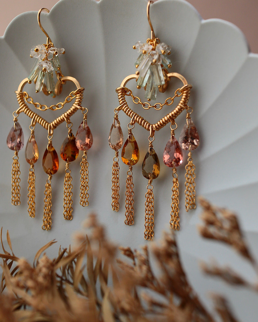 [One of a kind] Brown tourmaline heart chandelier earrings