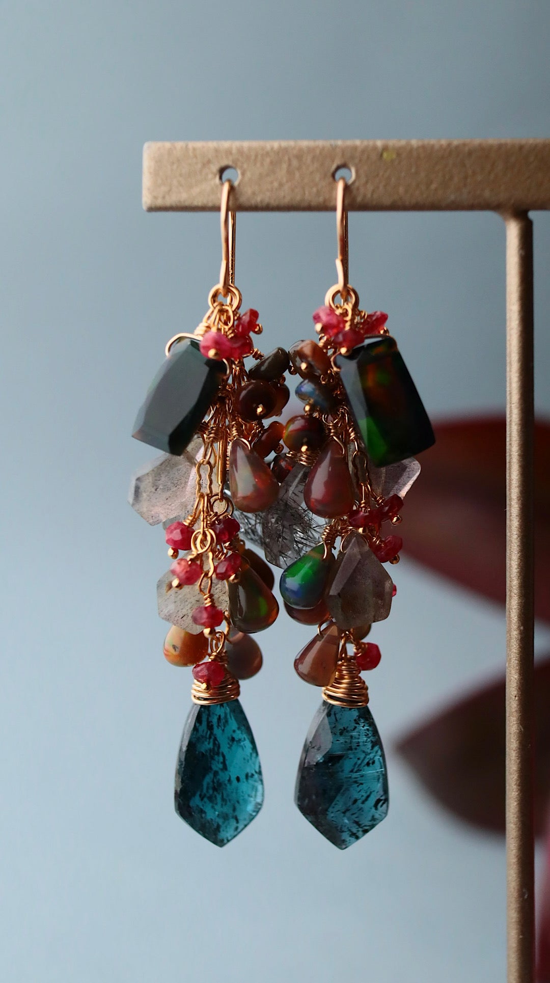 [The Lady with the Black Eyepatch] Black opal and deep blue kyanite long earrings