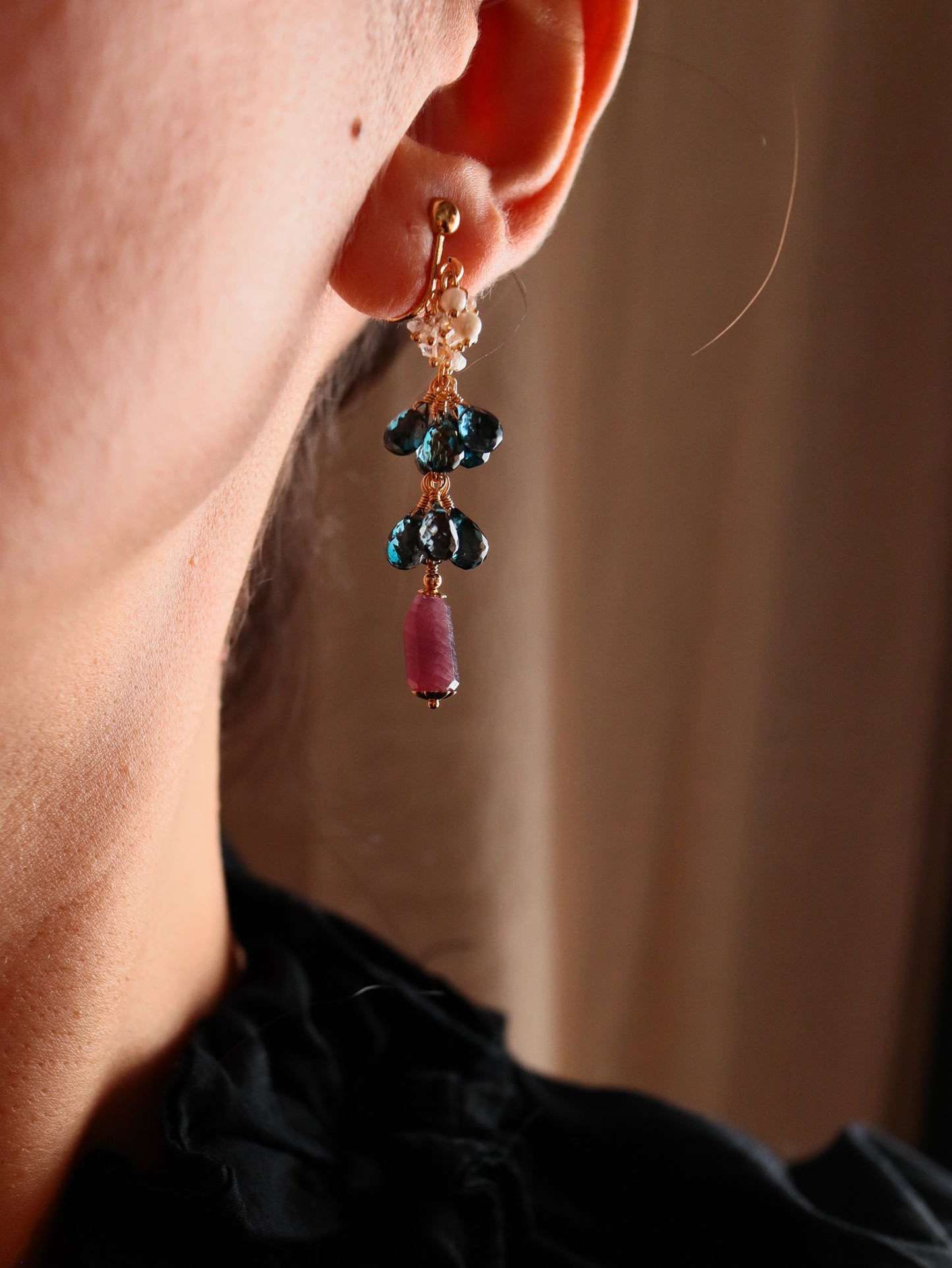 [Stories in Red] Ruby and London Blue Topaz Long Earrings③