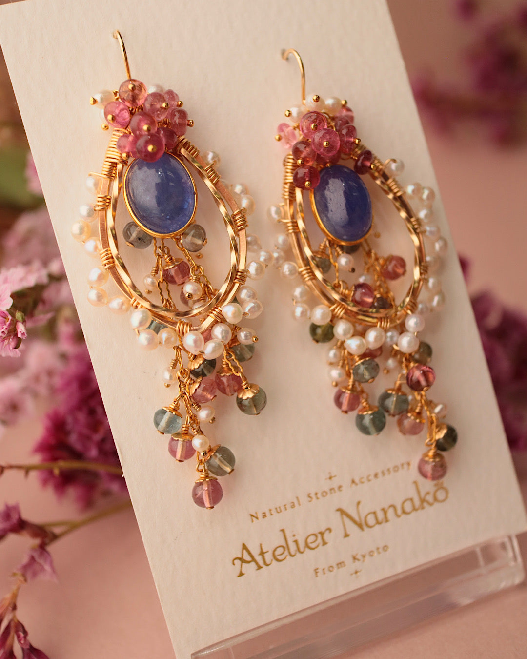 [One-of-a-kind] Tanzanite and tourmaline chandelier earrings