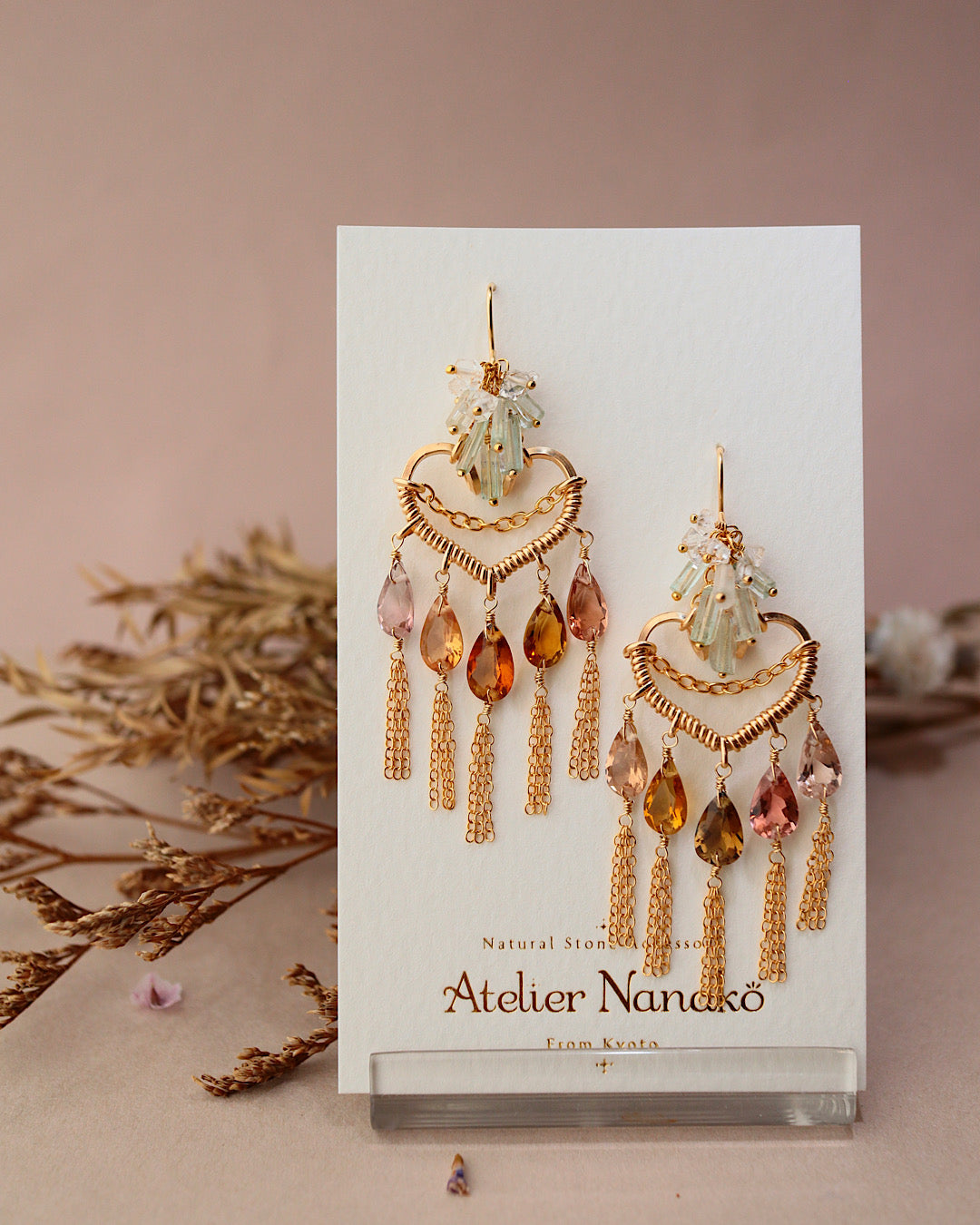 [One of a kind] Brown tourmaline heart chandelier earrings