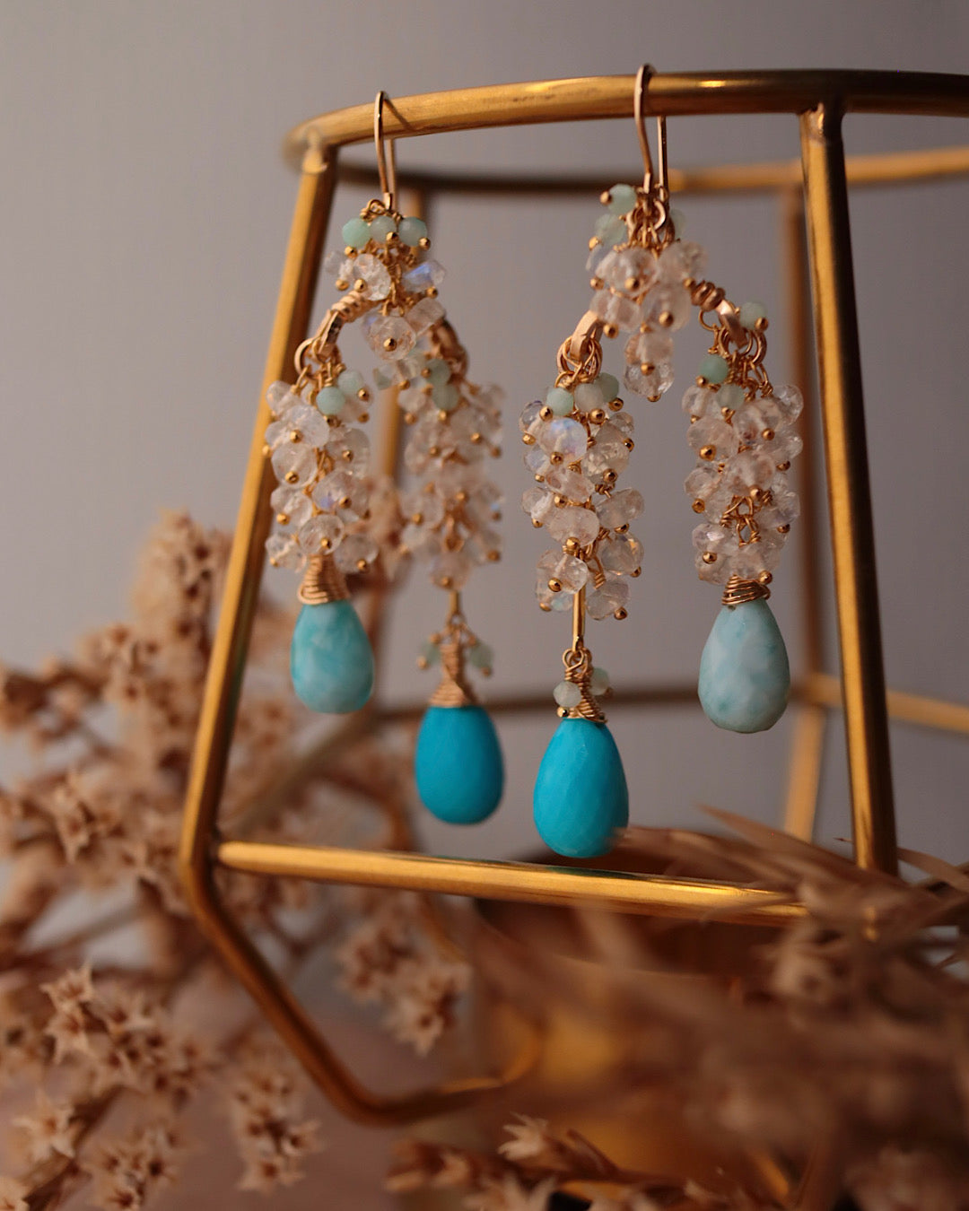 [One-of-a-kind] Turquoise and Larimar Long Drop Earrings