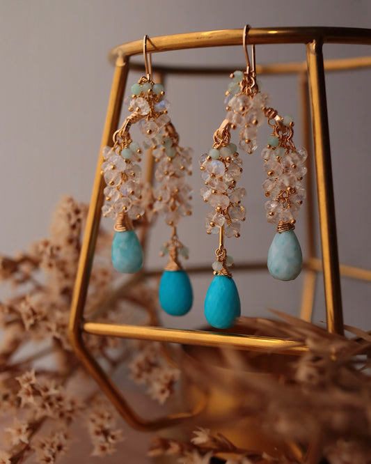 [One-of-a-kind] Turquoise and Larimar Long Drop Earrings