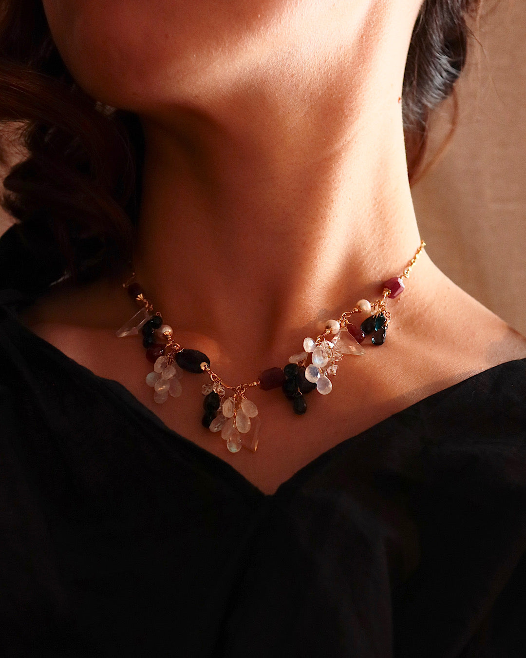 One-of-a-kind [Stories in Red] Ruby and London Blue Topaz Necklace