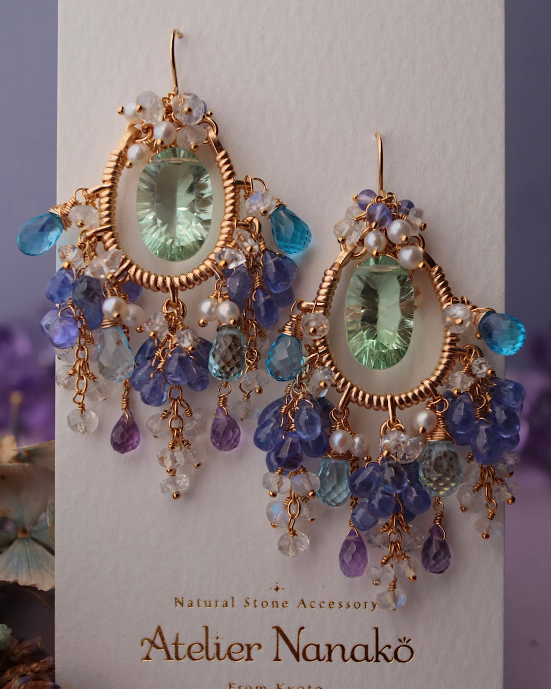 [One-of-a-kind] Chandelier earrings with fluorite and blue stones