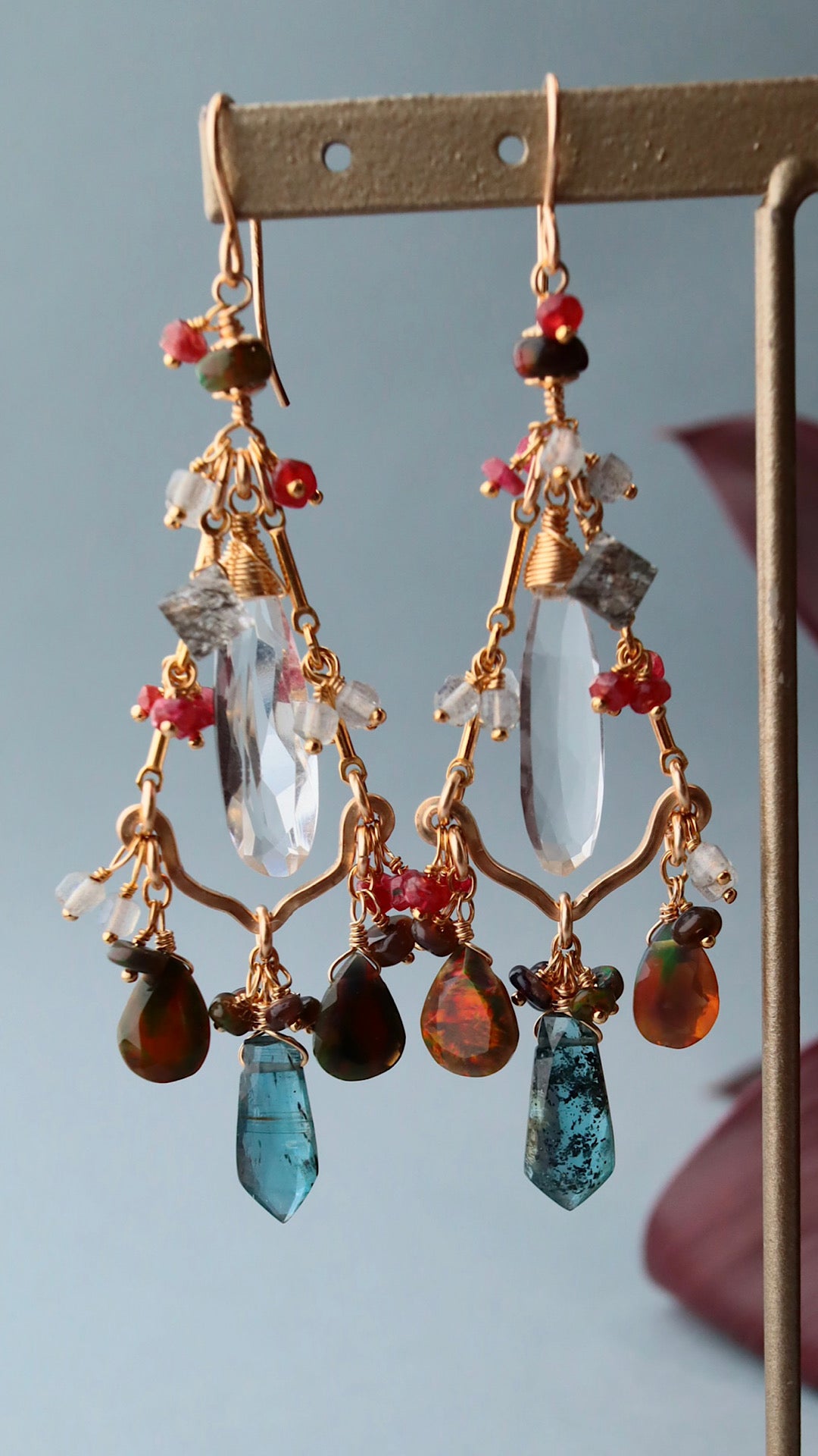 (One of a kind: glittering opal)[The Lady with the Black Eyepatch] Black opal and deep blue kyanite chandelier earrings