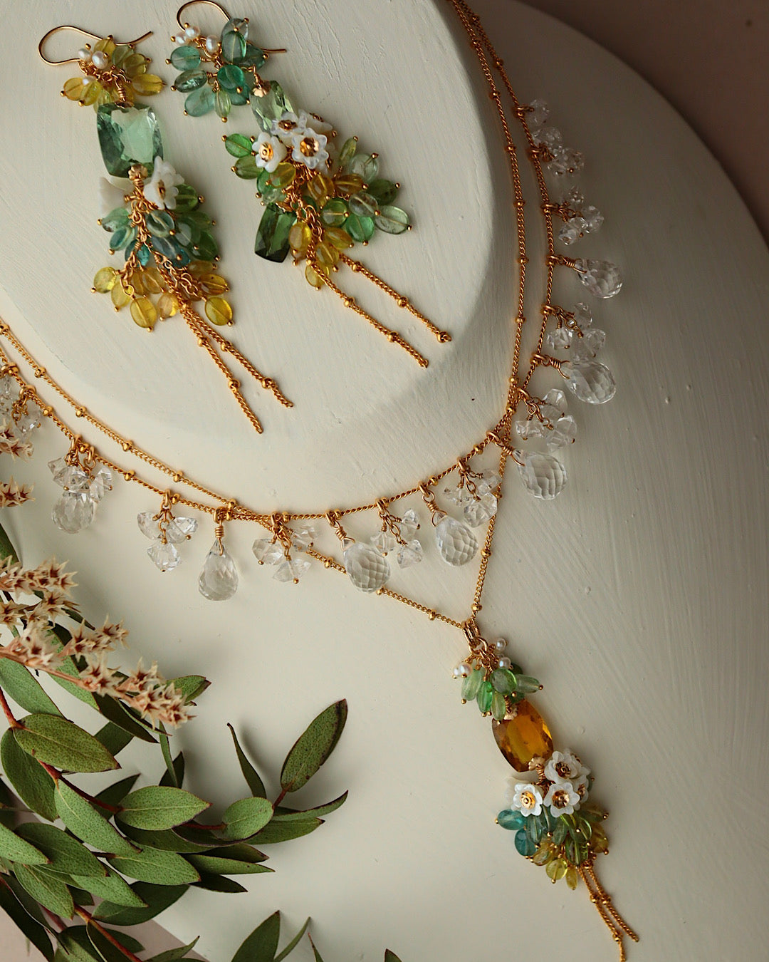 Green Tourmaline Asymmetrical Chandelier Earrings with Multi-Color Tourmaline and Pearl Flower