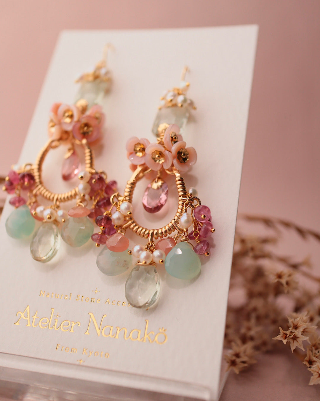 Pink tourmaline and green stone chandelier earrings