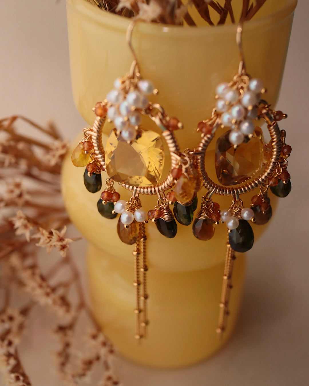 [One-of-a-kind] Lemon Quartz and Tourmaline Chandelier Earrings