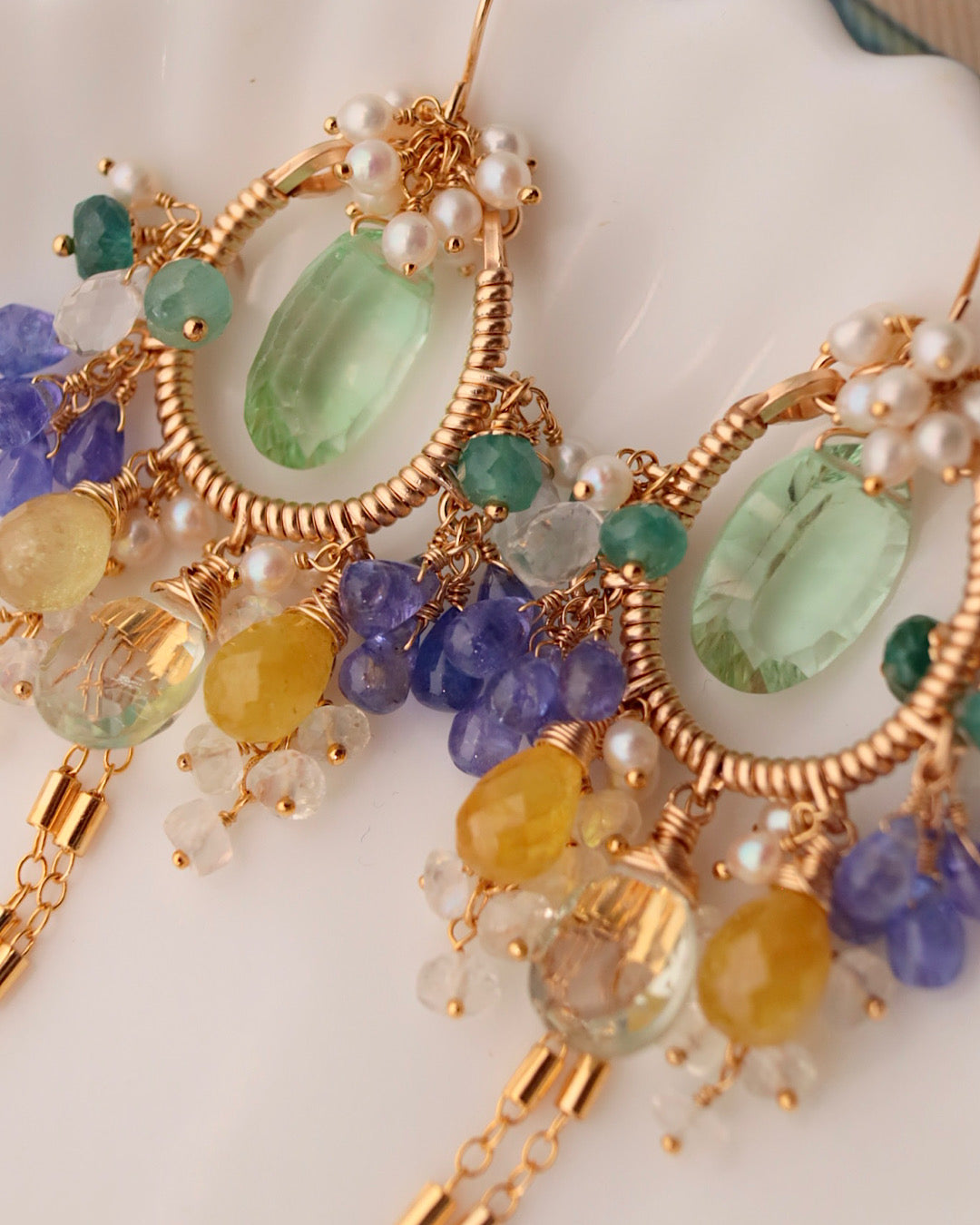 [One-of-a-kind] Fluorite Tassel Chandelier Earrings (Pierced/Clip-on)