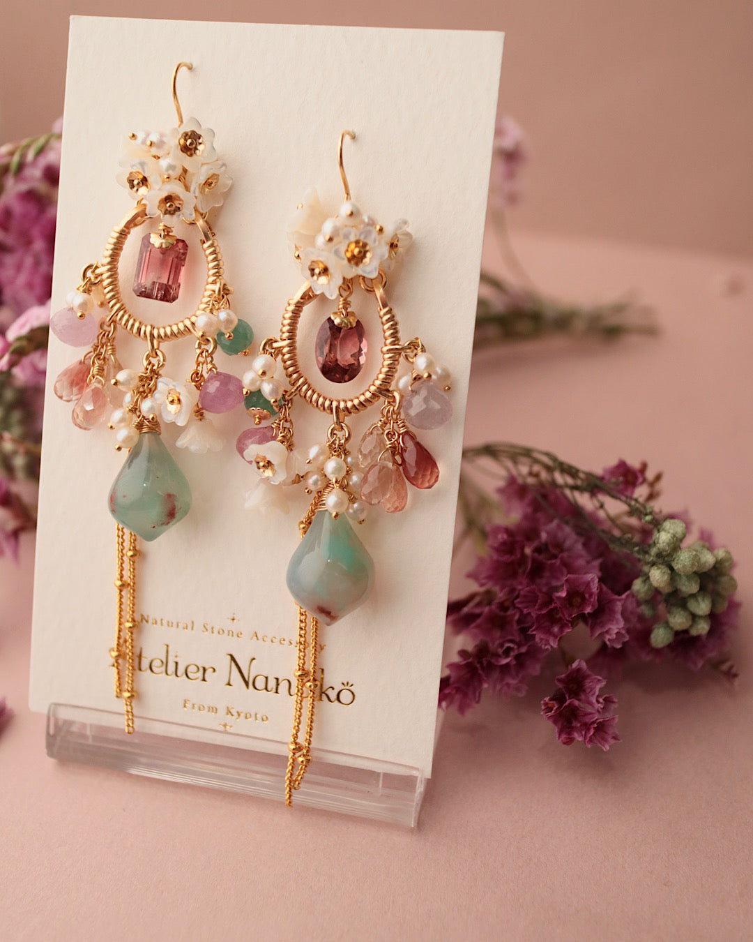 [One-of-a-kind] Tourmaline and Aquaprase Chandelier Earrings