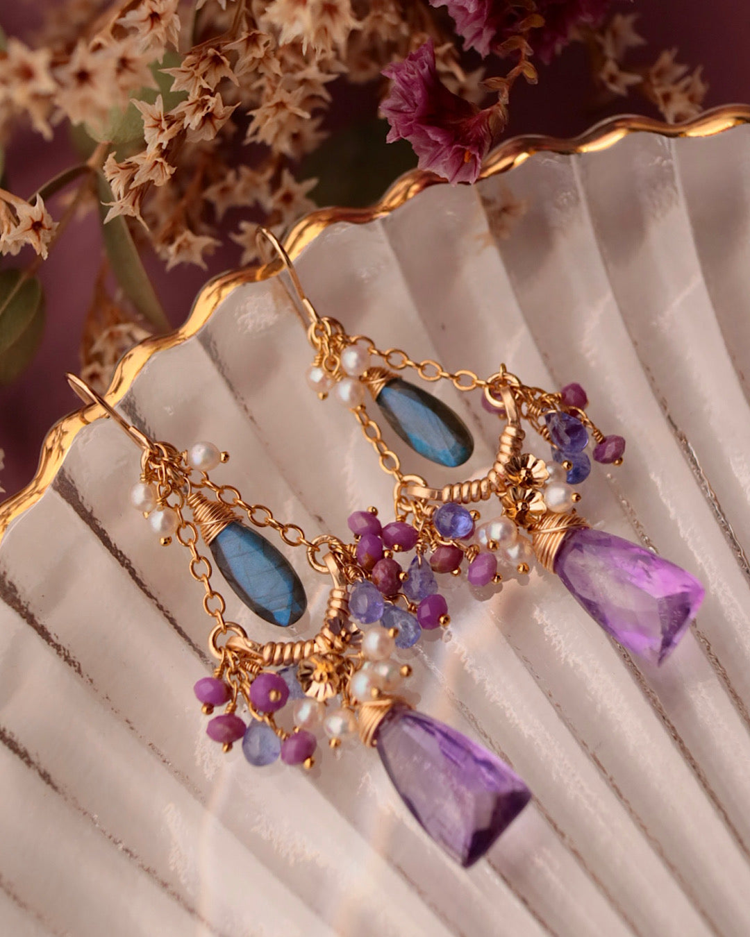 [One-of-a-kind] Moss Amethyst Triangle Chandelier Earrings