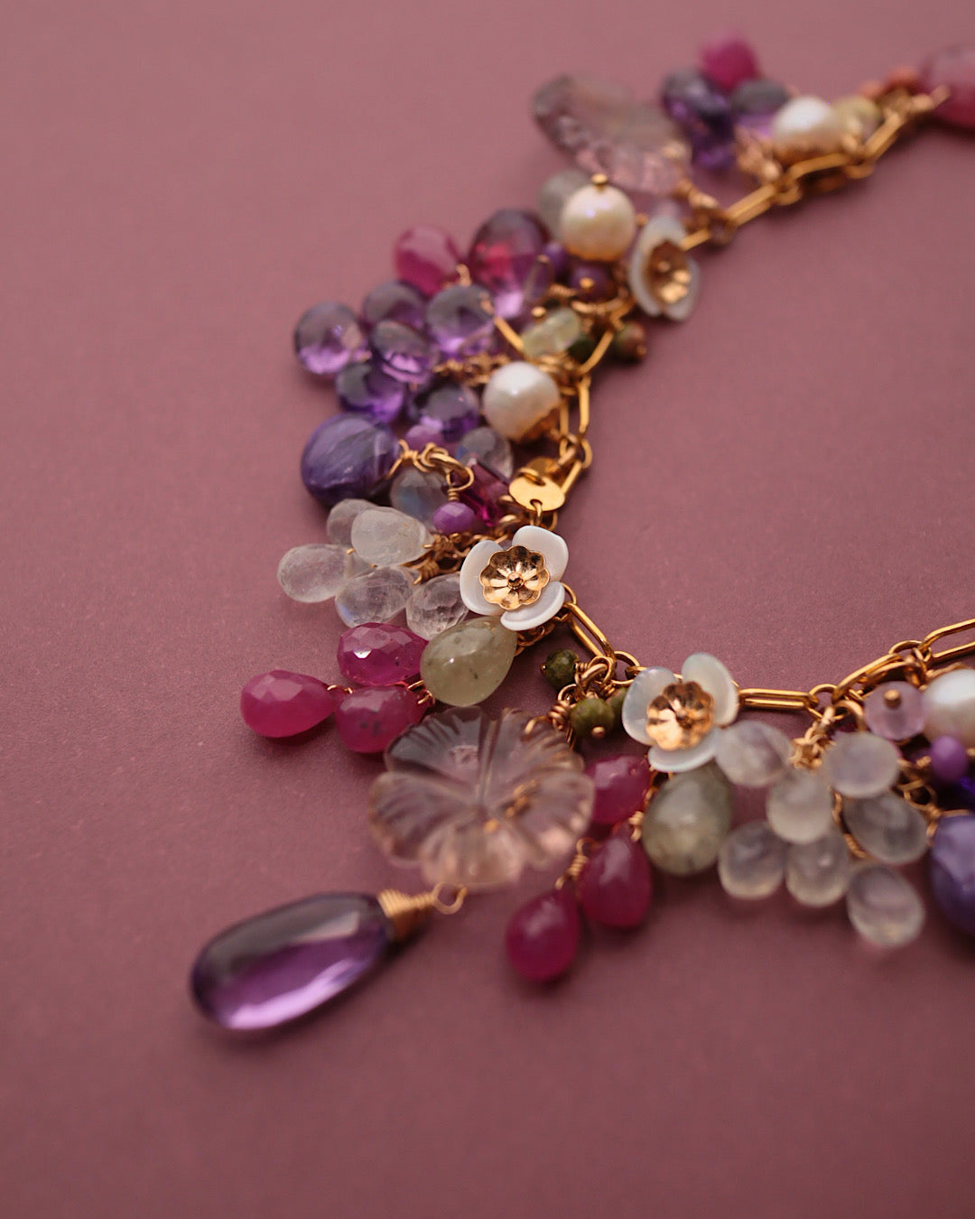 [One-of-a-kind] Pink sapphire and carved ametrine necklace