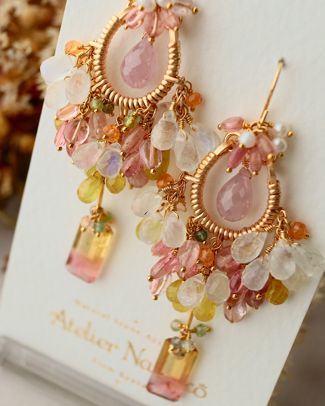 [One-of-a-kind / Round type] Pink x Yellow Bicolor Tourmaline Chandelier Earrings