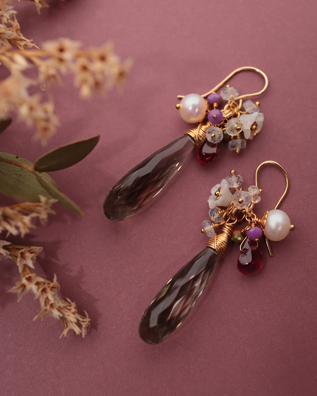 Green amethyst and garnet earrings/clip-on earrings