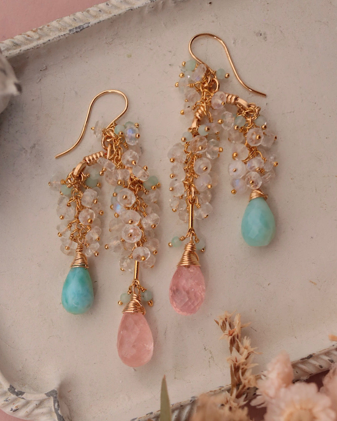[One-of-a-kind] Morganite and Larimar Long Drop Earrings