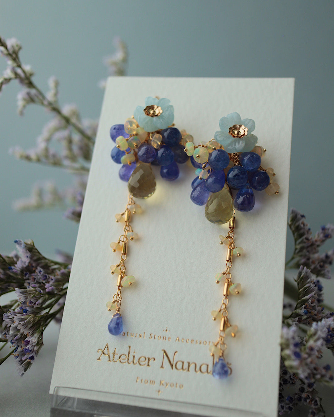 【Aqua Bloom】Aquamarine flower and tanzanite earrings