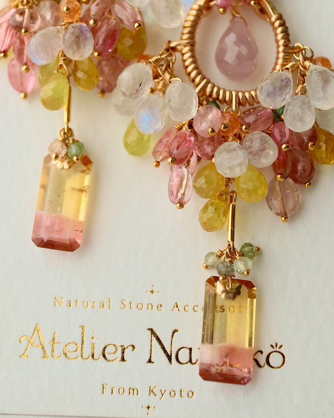 [One-of-a-kind / Round type] Pink x Yellow Bicolor Tourmaline Chandelier Earrings