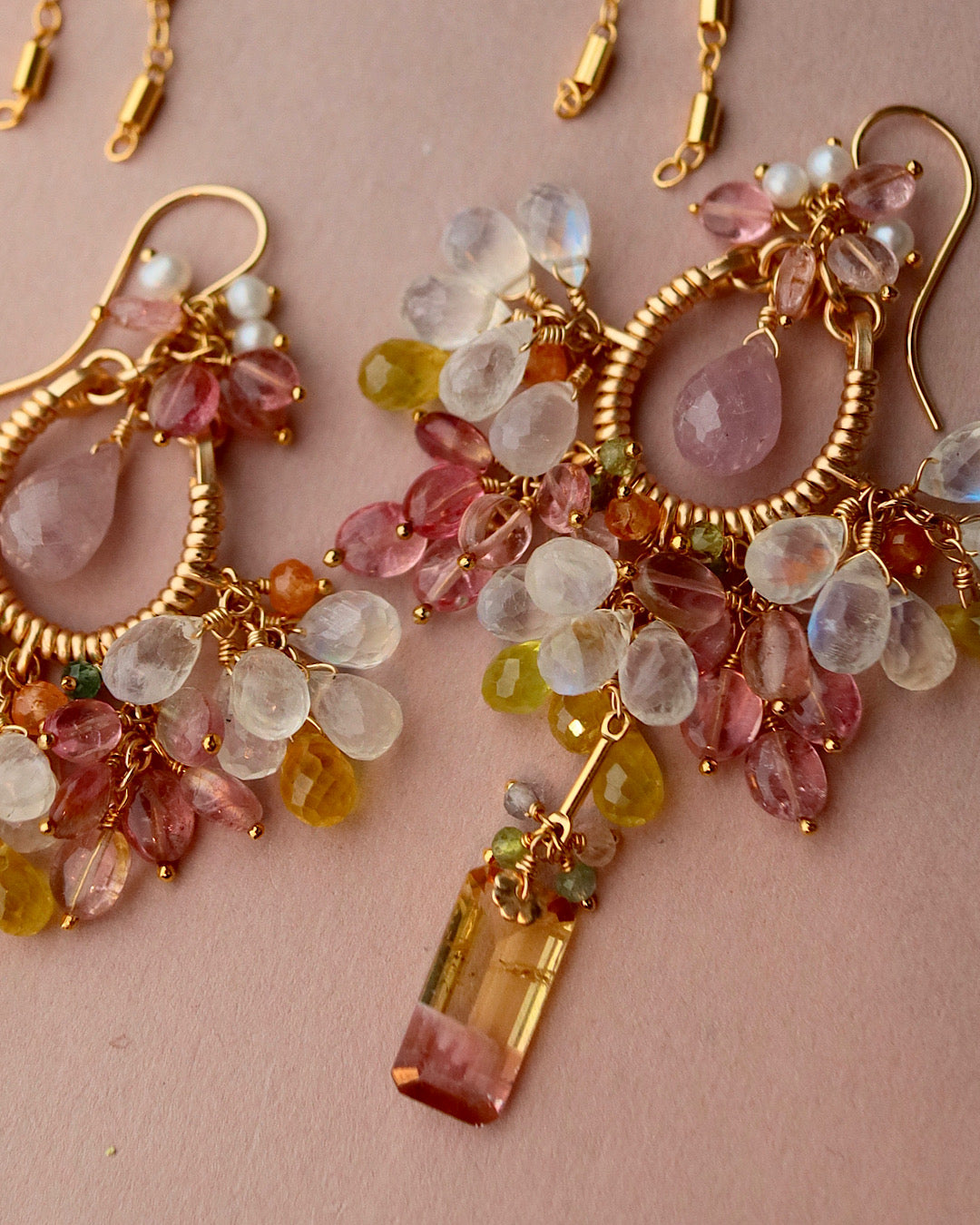 [One-of-a-kind / Round type] Pink x Yellow Bicolor Tourmaline Chandelier Earrings