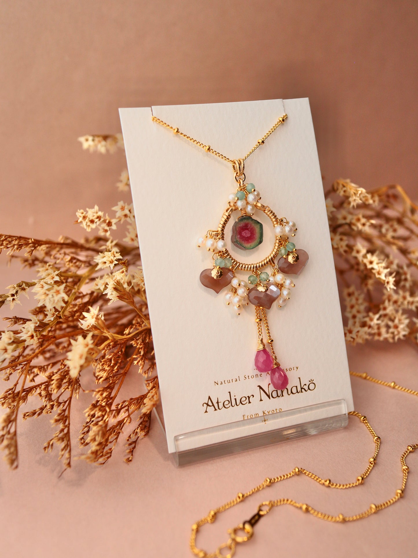 [One of a kind] Watermelon tourmaline and chocolate moonstone necklace