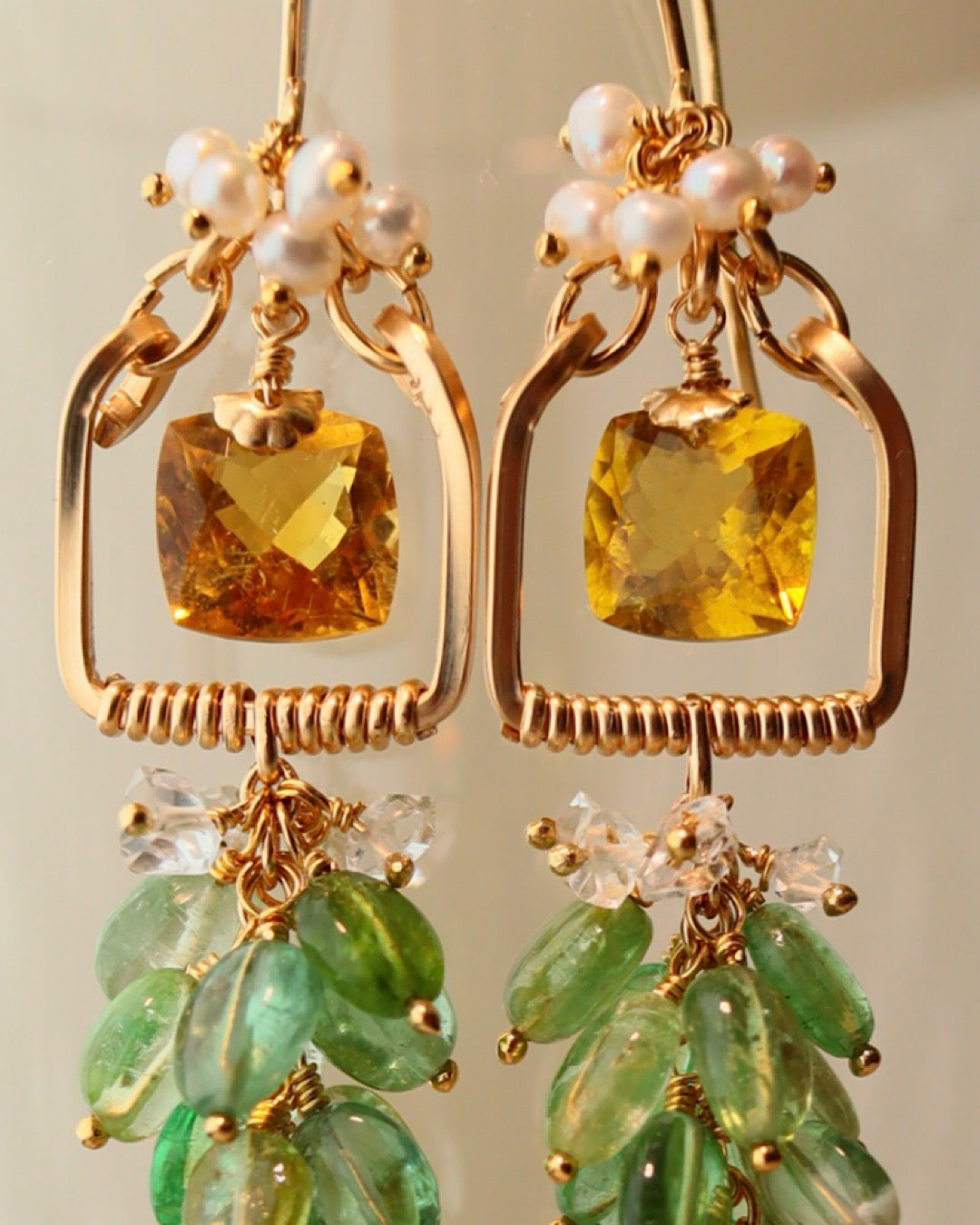 Square Yellow Tourmaline and Green Tourmaline Chandelier Earrings with Pearl