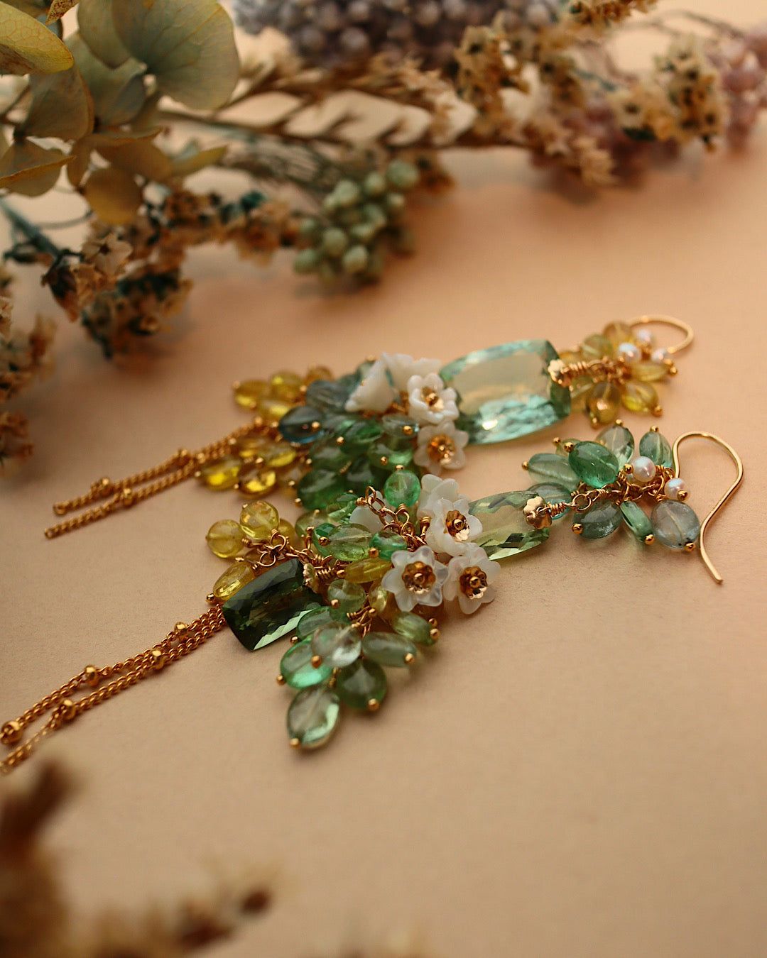 Green Tourmaline Asymmetrical Chandelier Earrings with Multi-Color Tourmaline and Pearl Flower