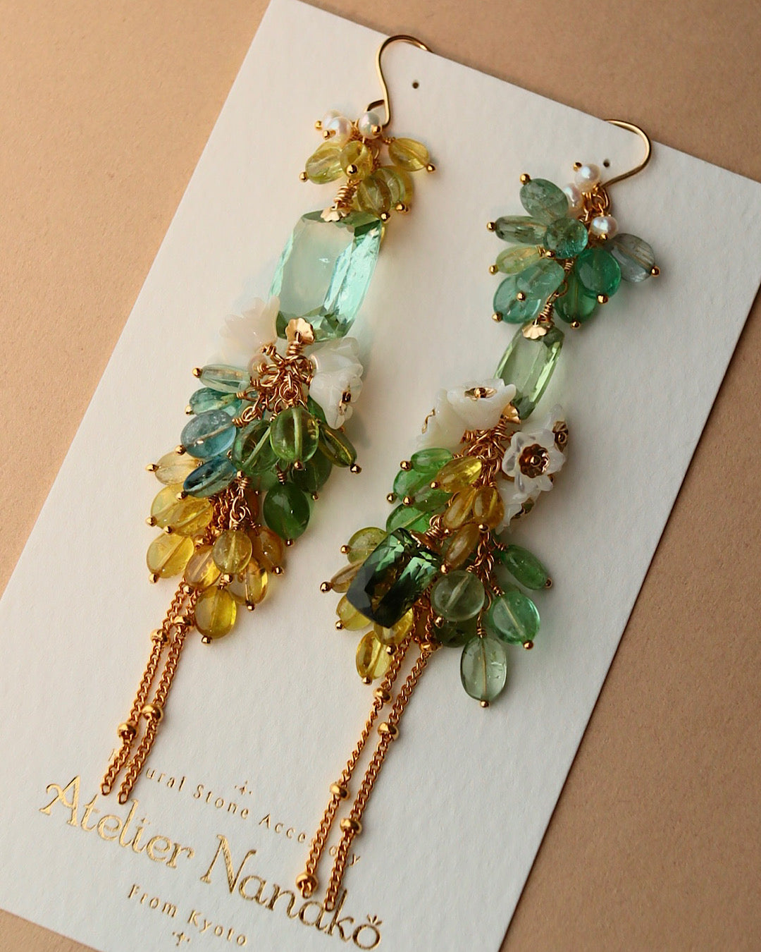 Green Tourmaline Asymmetrical Chandelier Earrings with Multi-Color Tourmaline and Pearl Flower