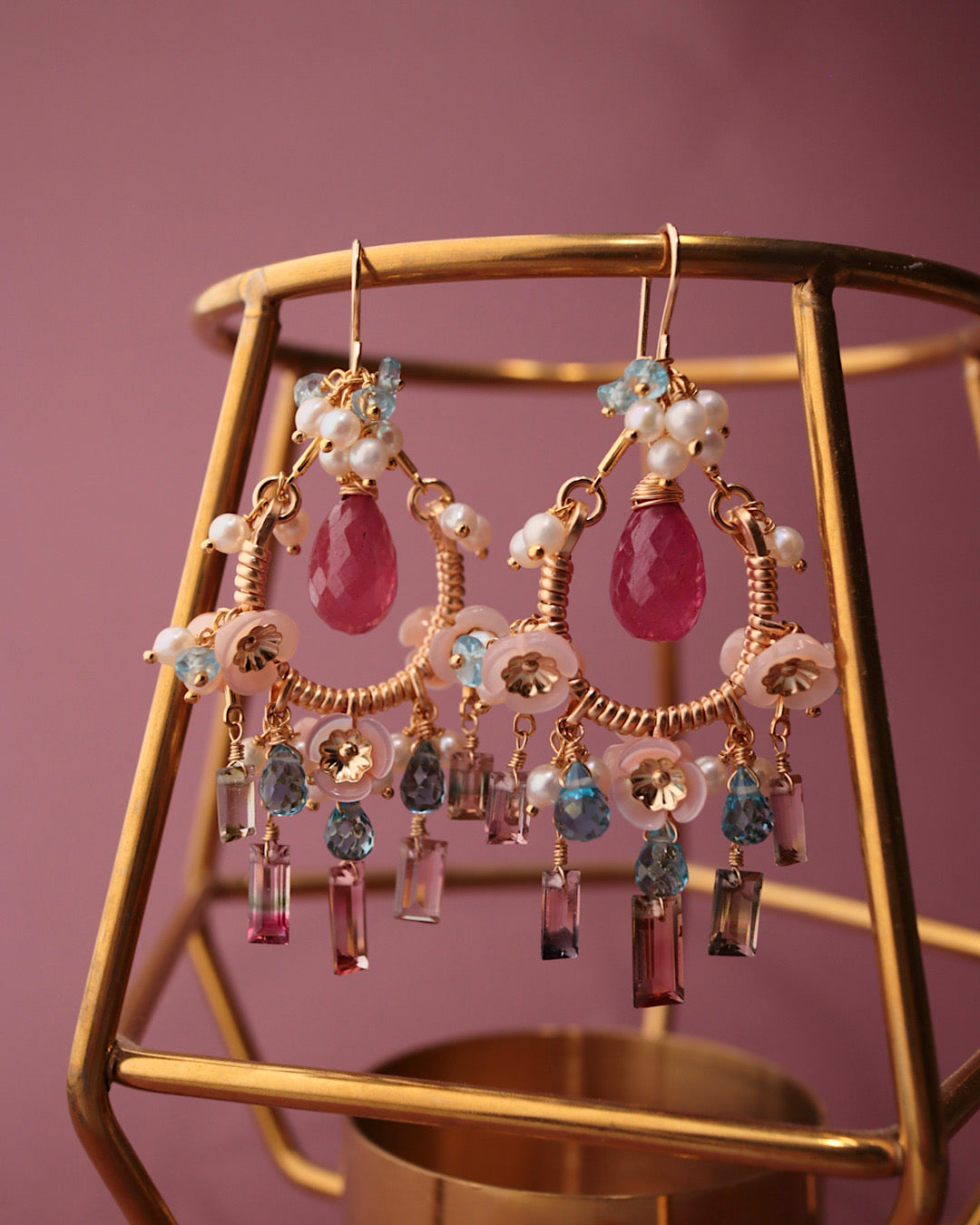 Pink sapphire and bicolor tourmaline chandelier earrings