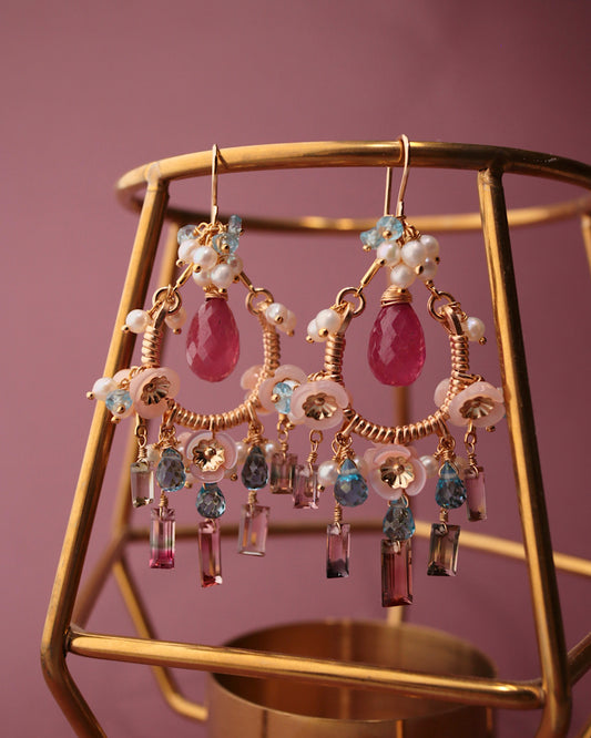 Pink sapphire and bicolor tourmaline chandelier earrings