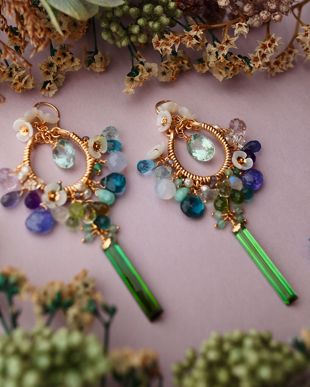 [One of a kind] Blue and green chandelier earrings