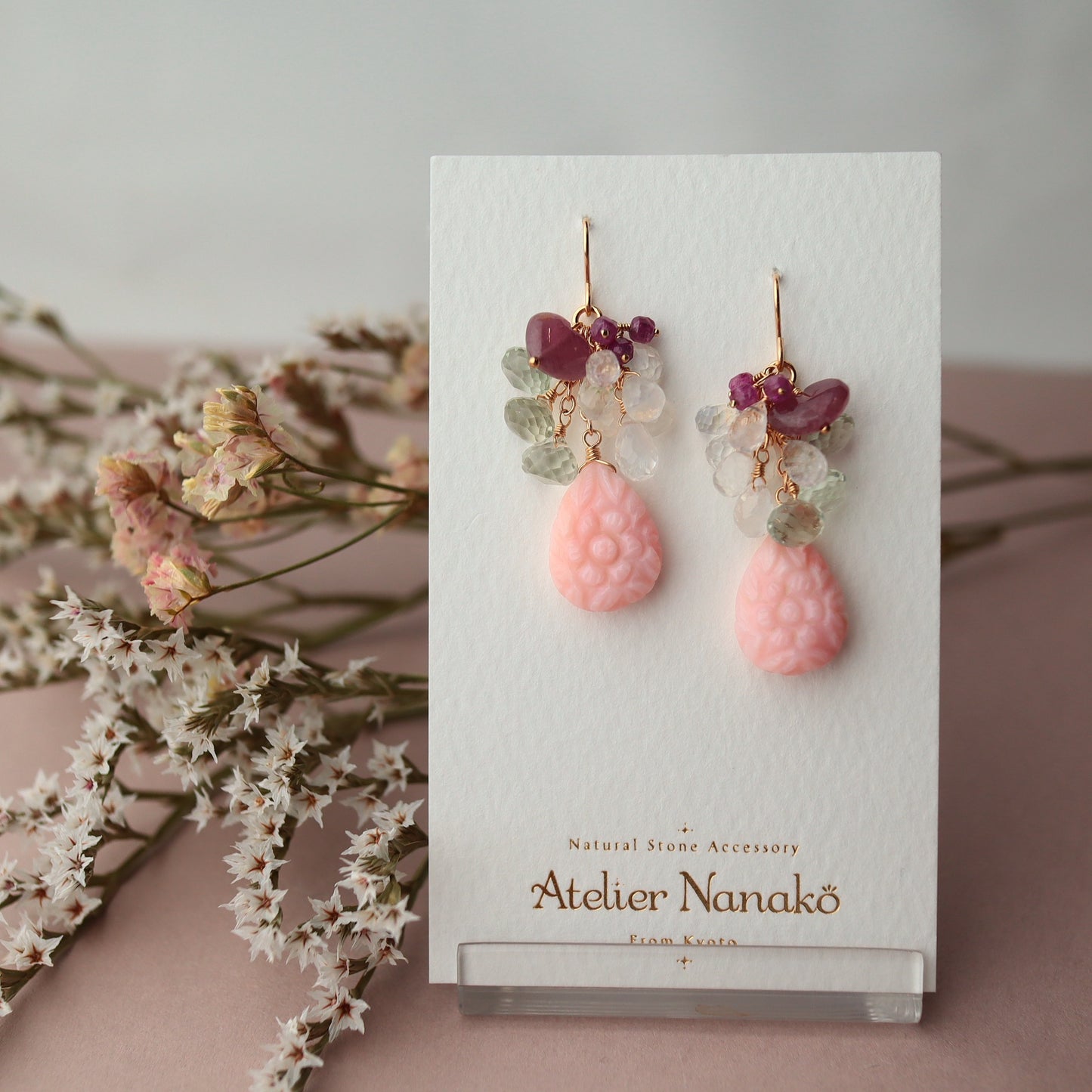 Pink opal and heart-shaped pink sapphire earrings