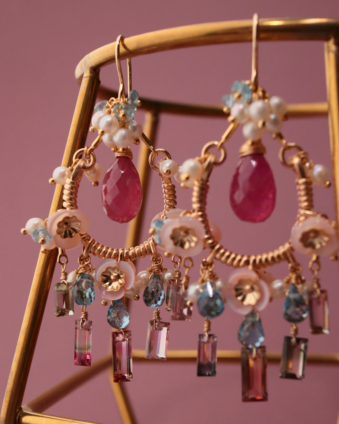 Pink sapphire and bicolor tourmaline chandelier earrings