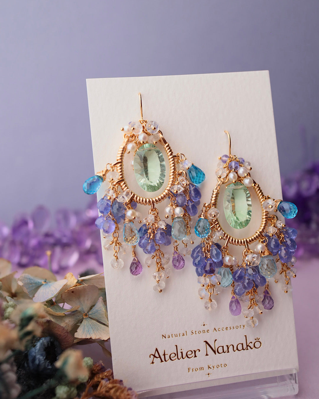 [One-of-a-kind] Chandelier earrings with fluorite and blue stones