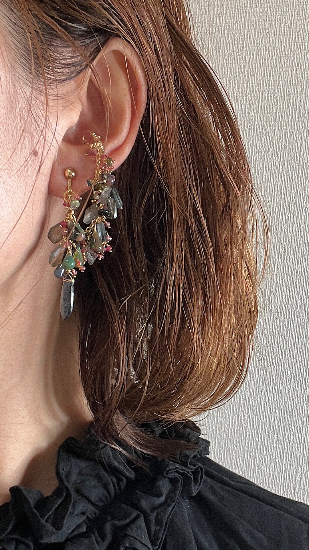 (Pale Spinel) [The Lady with the Black Eyepatch] Black Opal and Deep Blue Kyanite  3-way ear cuff