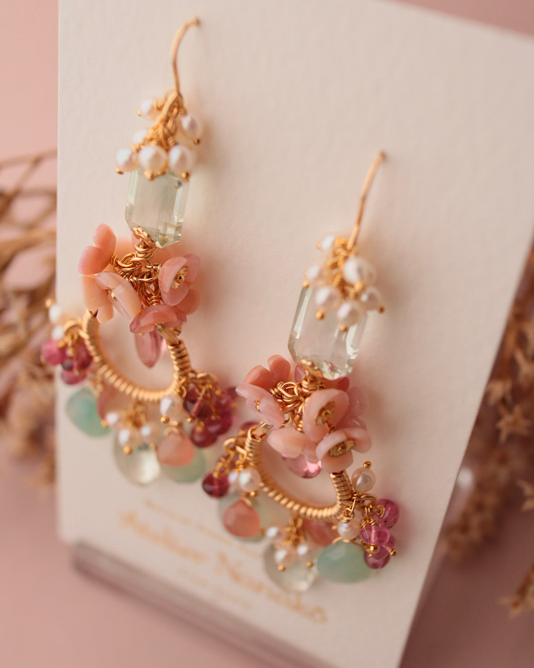 Pink tourmaline and green stone chandelier earrings