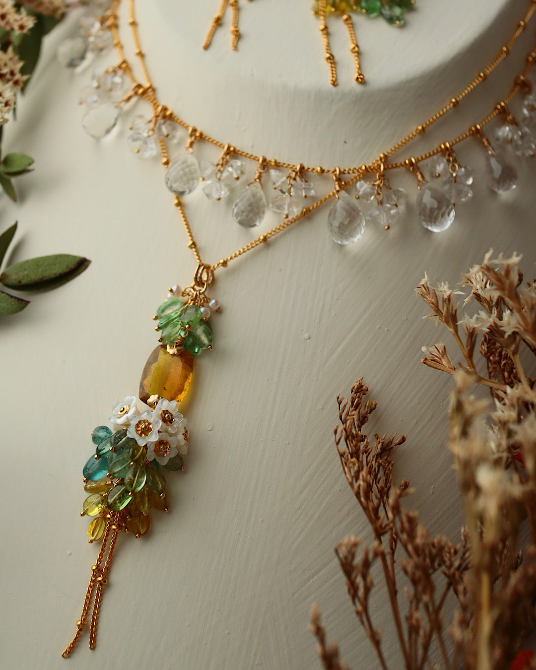Yellow Tourmaline Rectangle Necklace with Multi-Color Tourmaline and Pearl Flower