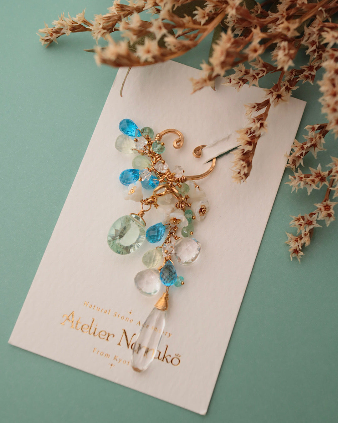 Swiss blue topaz and green fluorite ear cuff