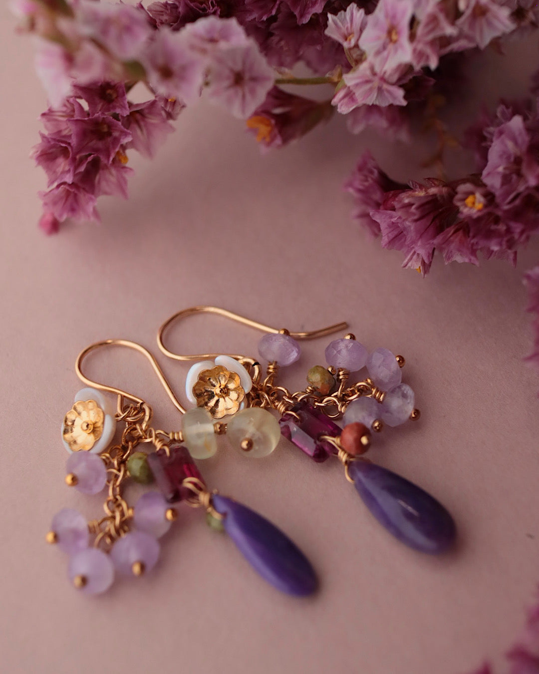 Charoite and Amethyst Earrings [One-of-a-kind]