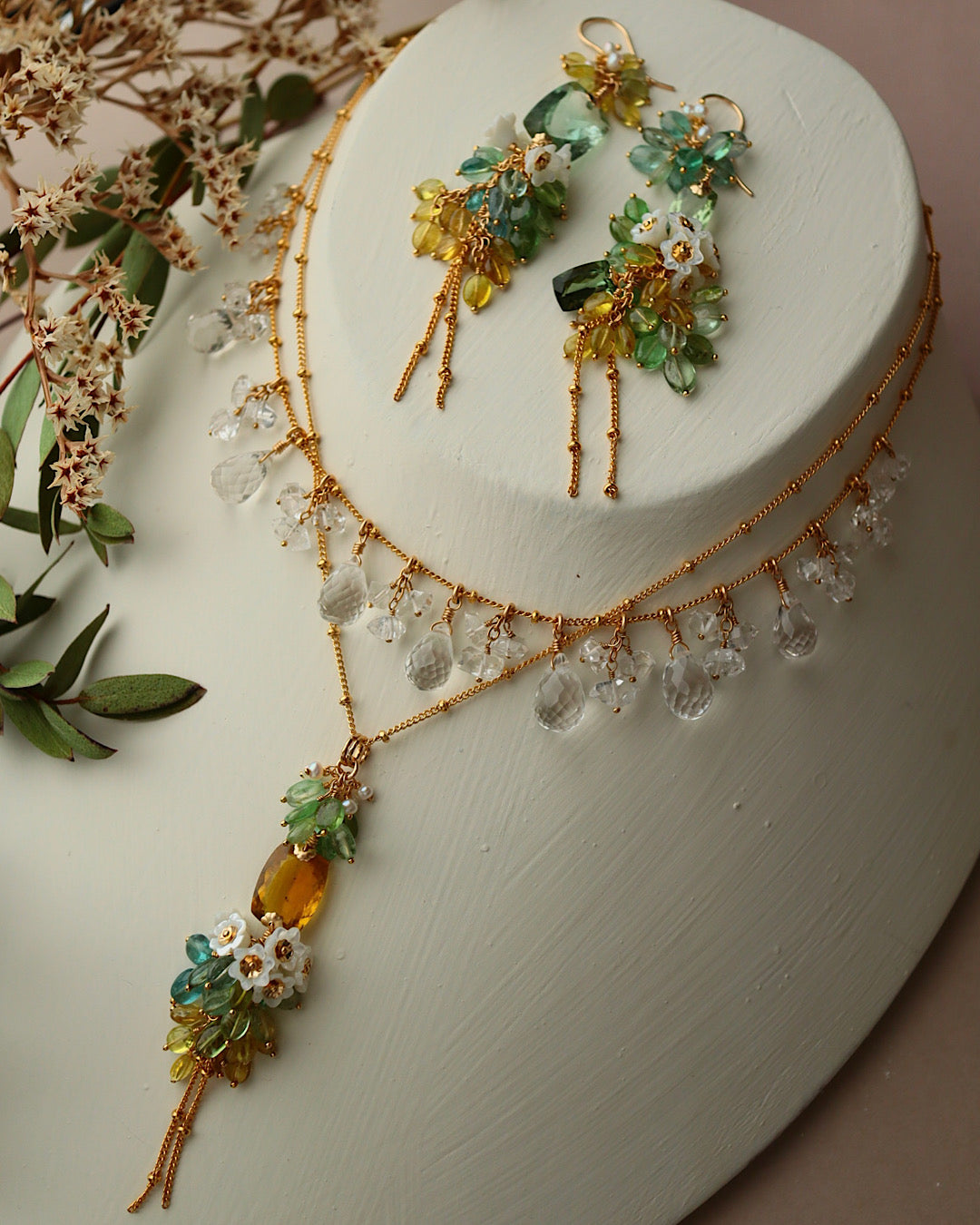 Yellow Tourmaline Rectangle Necklace with Multi-Color Tourmaline and Pearl Flower