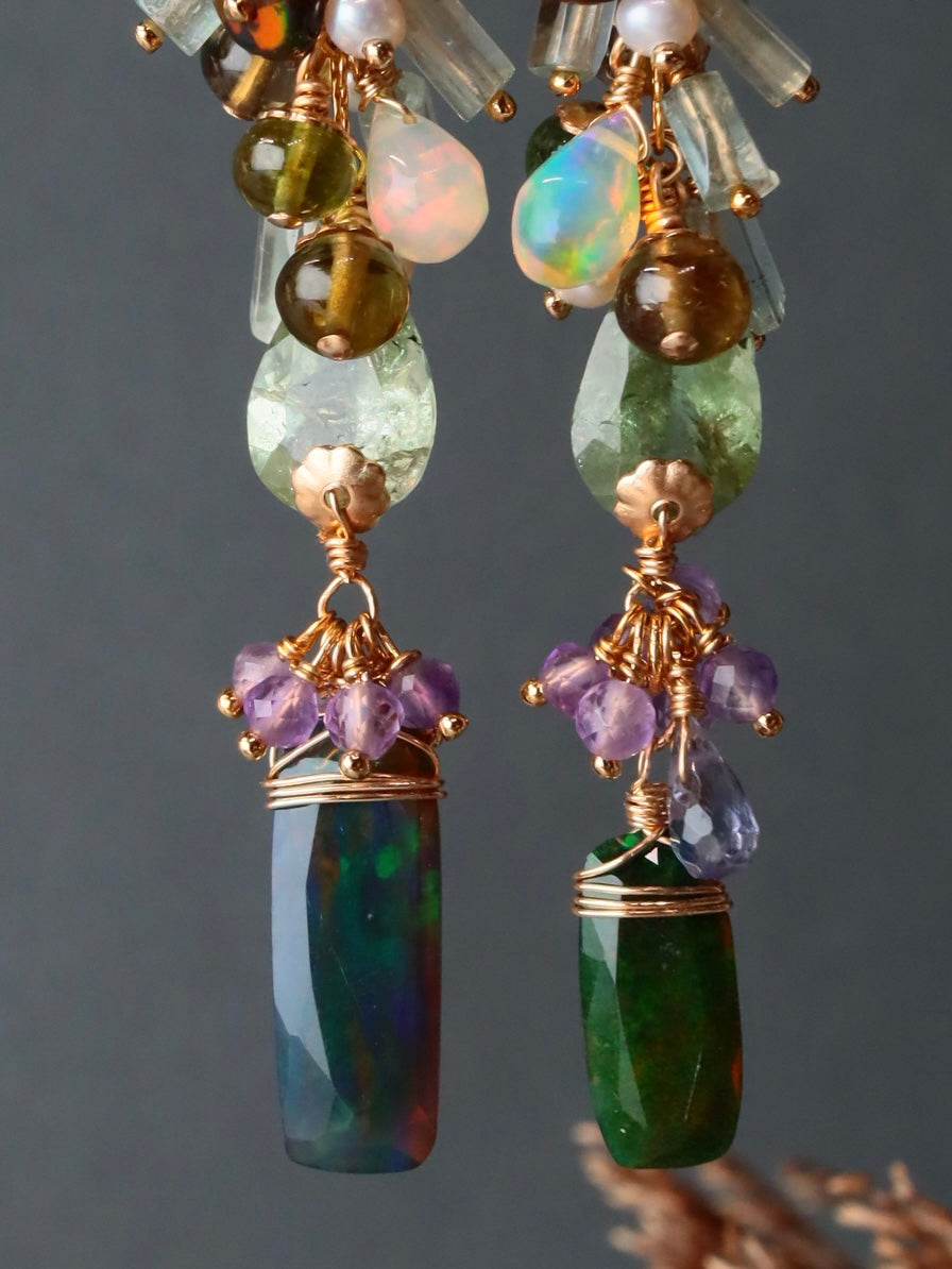 “Autumn Arrives in the Night” — Black Opal & Tourmaline Earrings