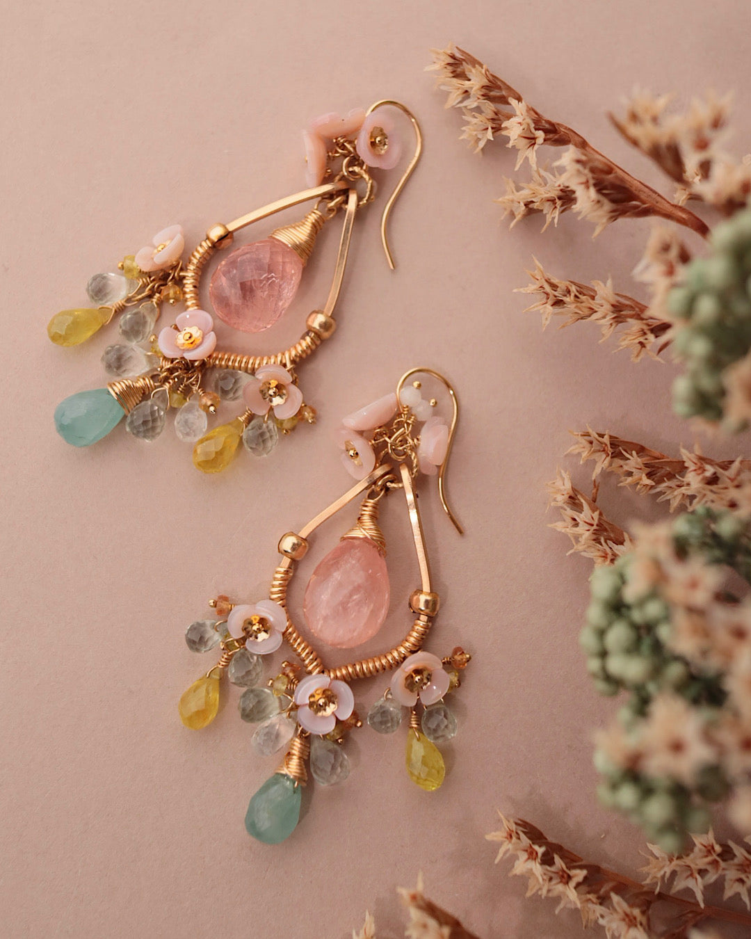 [One-of-a-kind] Morganite and Grandidierite Chandelier Earrings