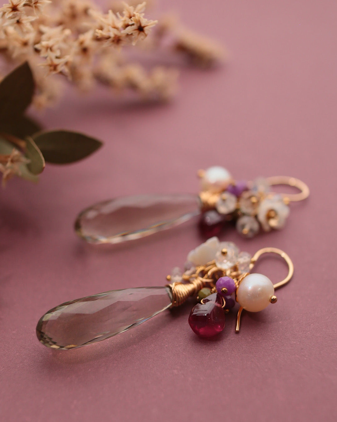 Green amethyst and garnet earrings/clip-on earrings