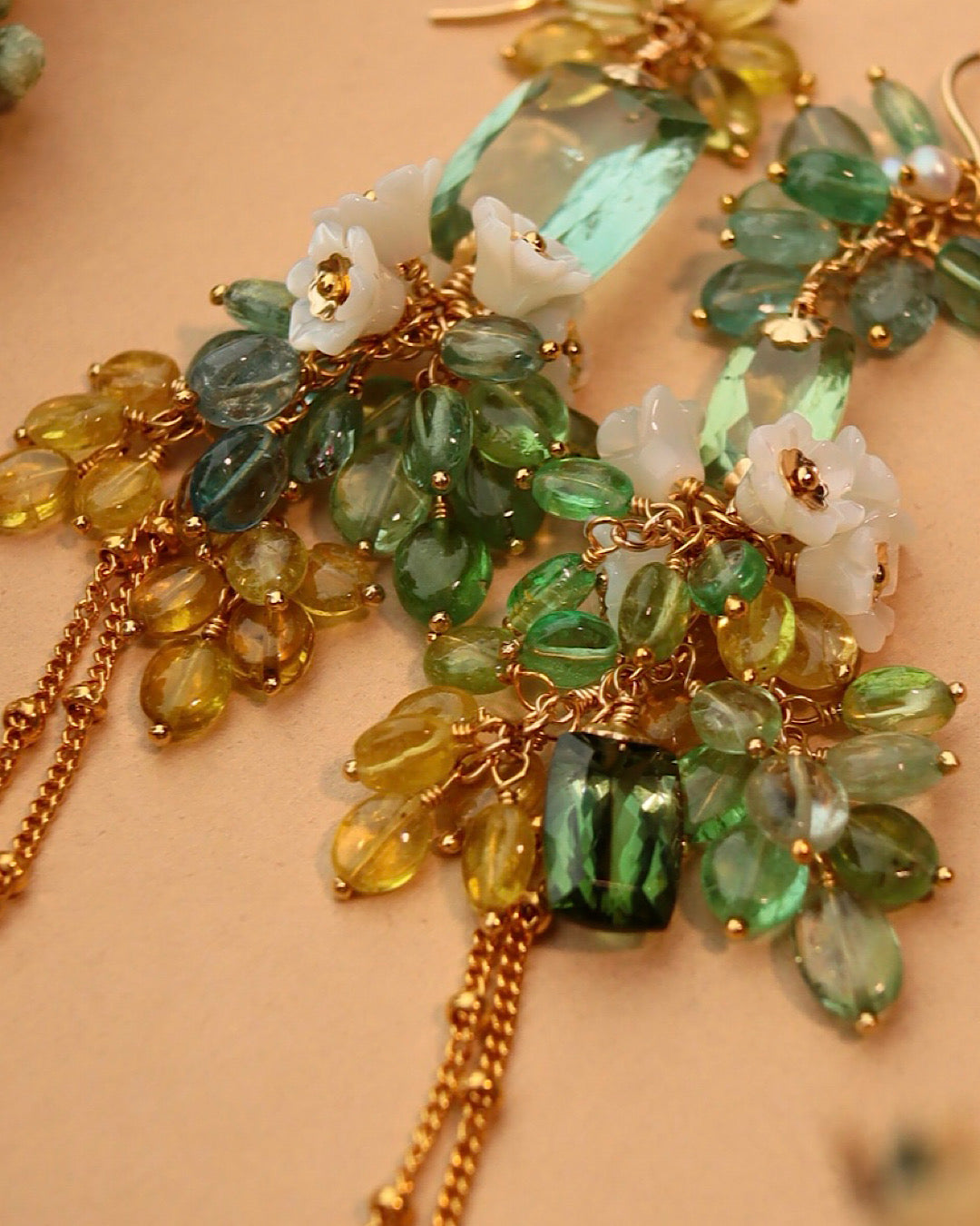 Green Tourmaline Asymmetrical Chandelier Earrings with Multi-Color Tourmaline and Pearl Flower